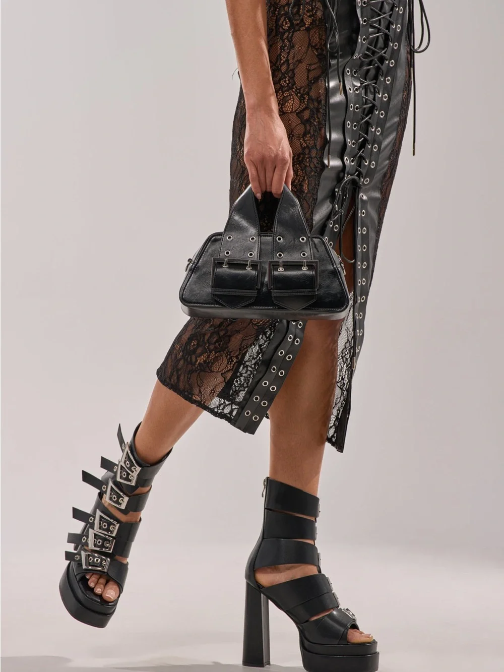 Women's Black Strappy Platform Heels with Buckles